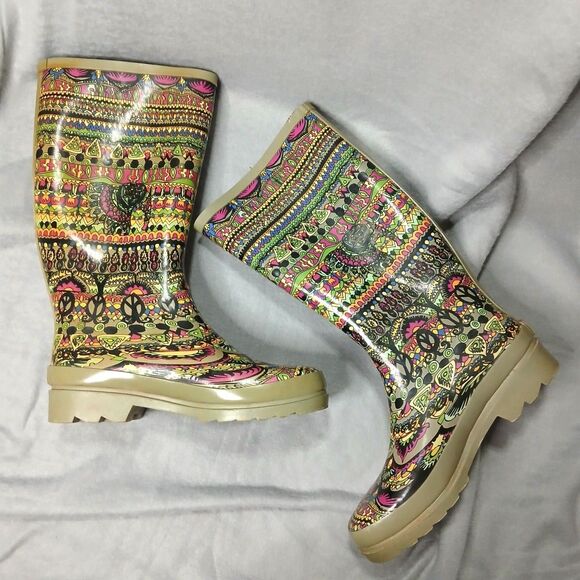 Sakroots Rubber Rain Boots Jersey Lined Colorful Peace Sign Women's Size: 6 - Picture 2 of 11